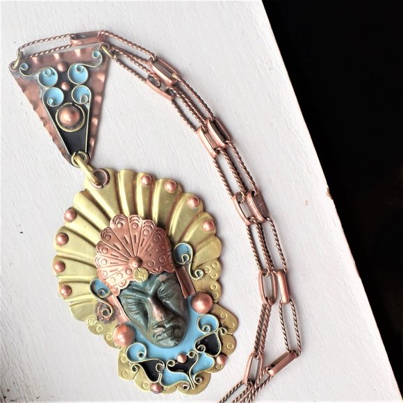 Vintage Boho Brass Copper Statement Necklace - Picture 2 of 7